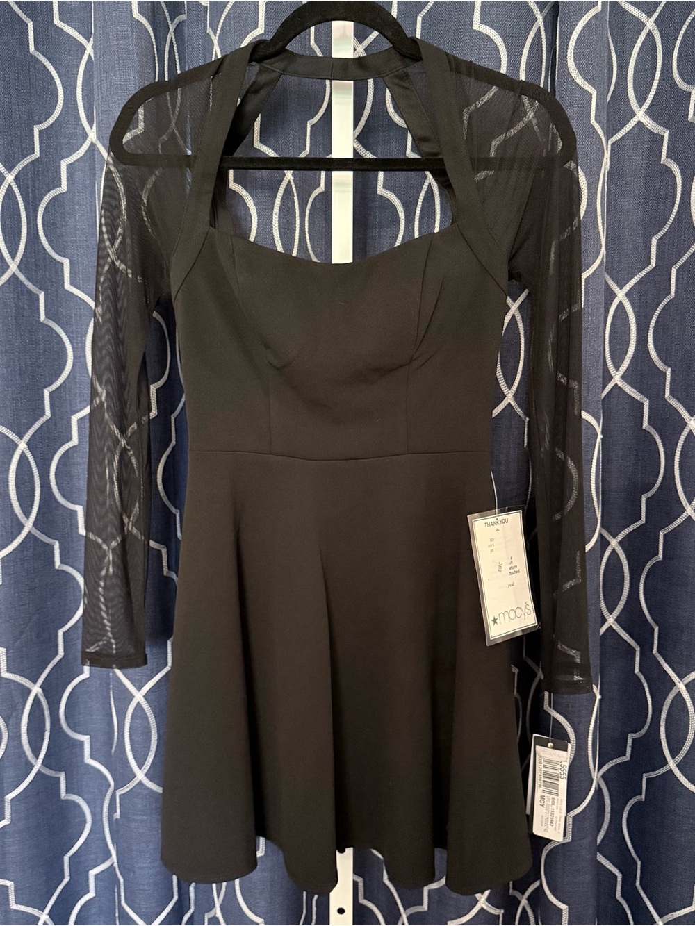 City Studio Black Fit-and-Flare Dress with Sheer Long Sleeves NWT B34